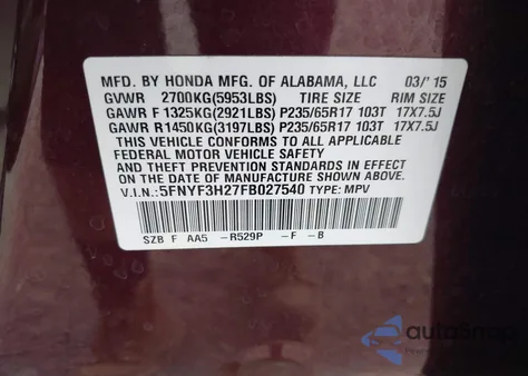 2015 Honda Pilot Lx z USA, uszkodzony, nr VIN 5FNYF3H27FB027540